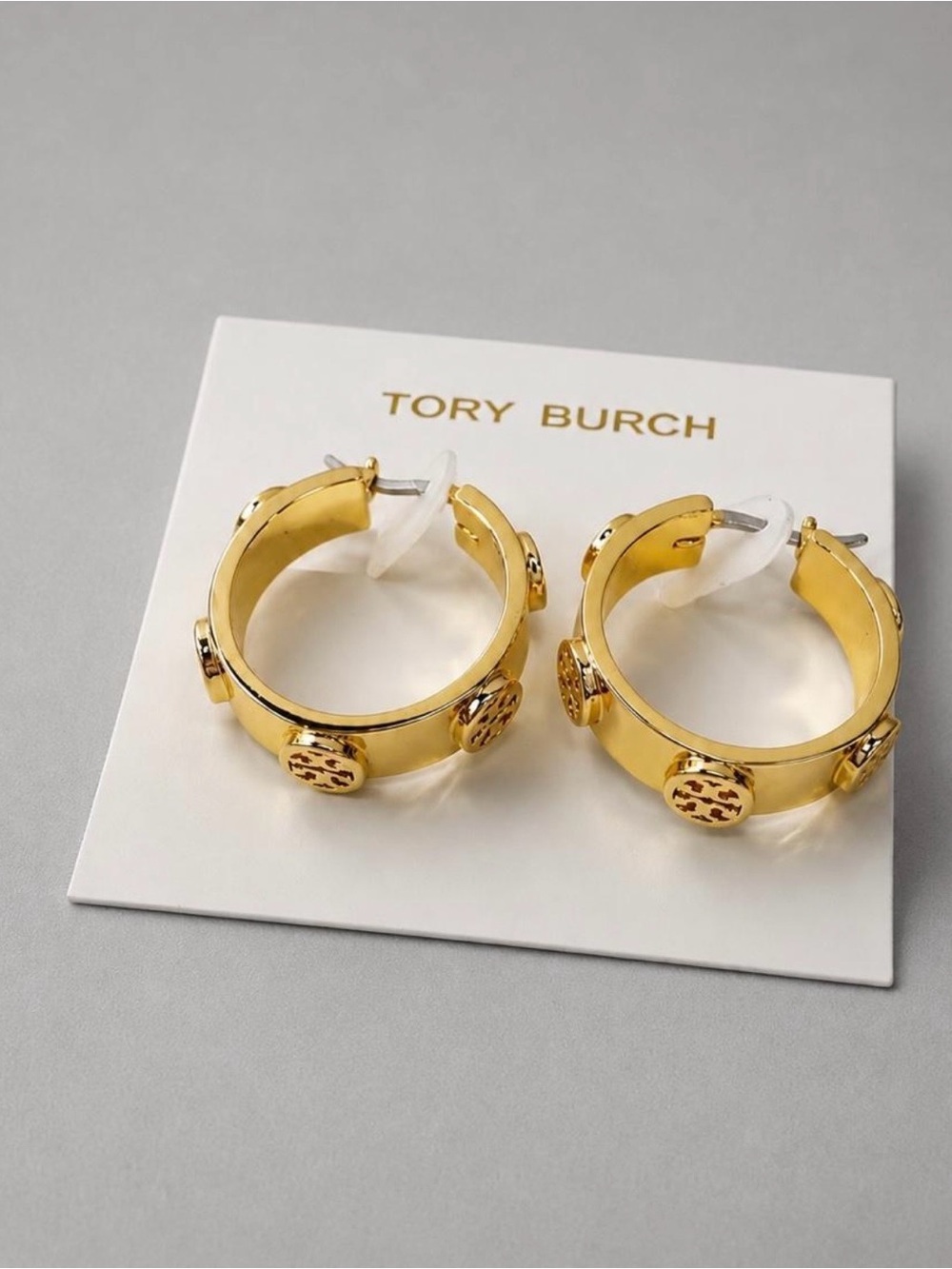 Tory Burch Polished Gold Logo Accent Hoop Earrings